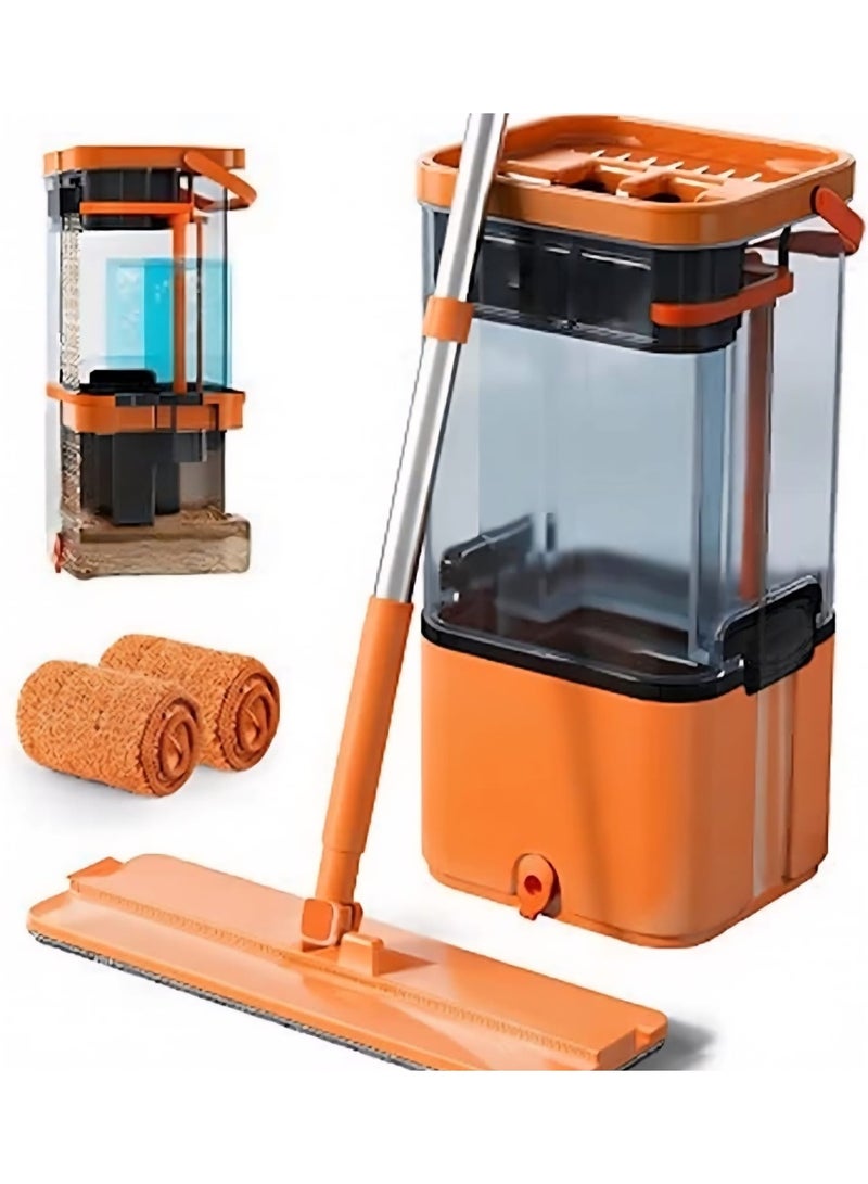 Smart anti-break cleaning bucket with flat mop and hands-free wringing system – orange - Image 1